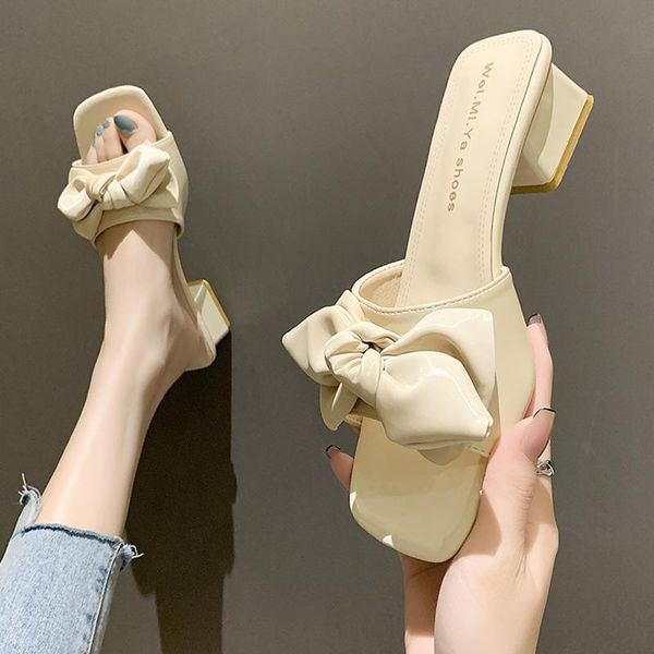 

slippers shoes woman 2021 casual heeled mules pantofle butterfly-knot med luxury summer high soft pu scandals rome slides fa, Black