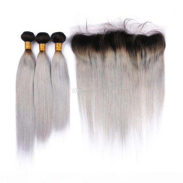 

ombre color 1b grey human hair weft with lace frontal ombre grey virgin 9a 3bundles weaves with ear to ear frontal, Black