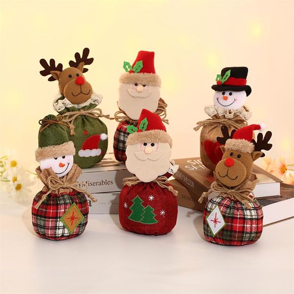 

christmas decorations linen bags with drawstring 3d plush santa snowman-reindeer candy gift treat apple xmas sack