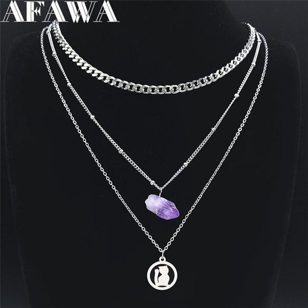 

pendant necklaces purple natural crystal stainless steel witchcraft cat 3 layer charm necklace men/women silver color jewelry collier femme