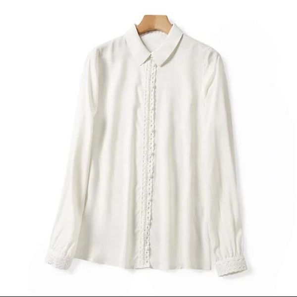 

2021 new incio da primavera vero de seda branca blusa feminina nova renda manga longa turndown collar senhoras escritrio trabalho camisa top, Black