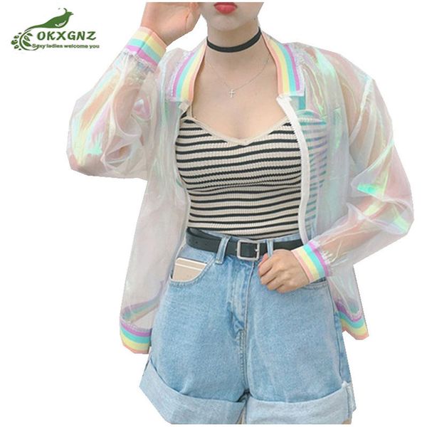 

2021 summer women jacket laser rainbow symphony hologram women basic coat clear iridescent transparent bomber jacket sunproof, Black;brown