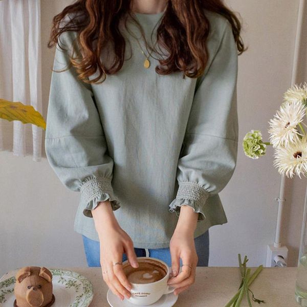 

women's blouses & shirts 2021 autumn fashion korean solid color women blouse loose casual simplicity round neck long sleeve folds embro, White
