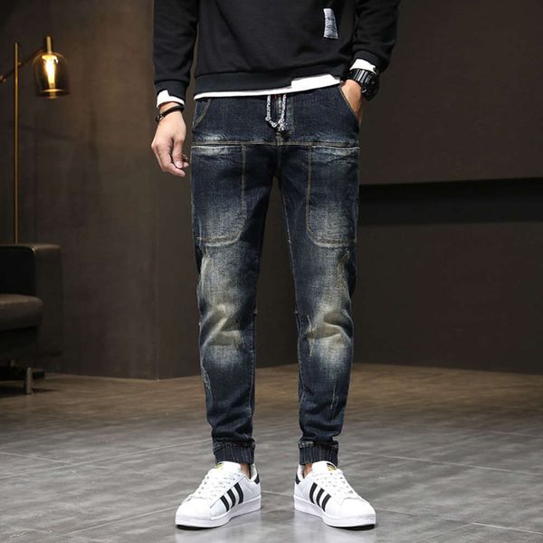 

stitching fashion brand harlan jeans men's loose legged trousers, Blue