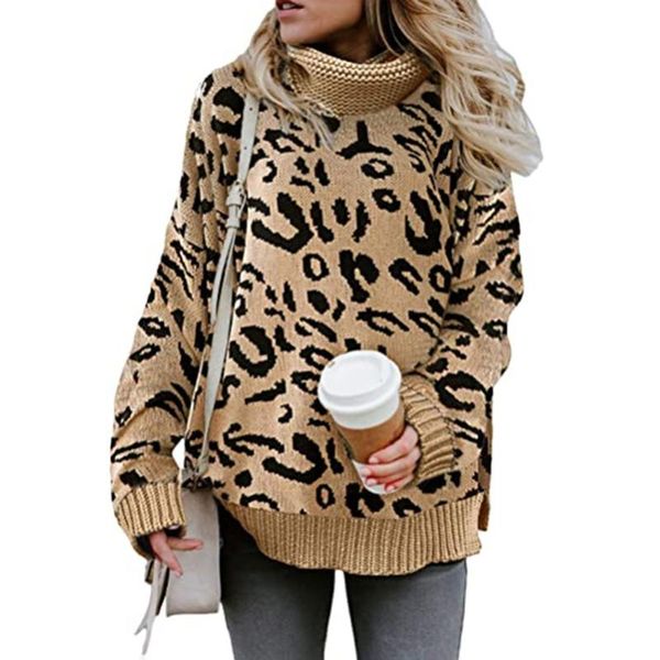 

womens leopard print sweater, casual long sleeve turtleneck chunky knitted pullover, White;black