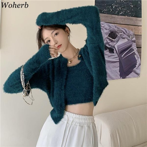 

women's knits & tees woherb mohair knitted cardigan + crop sleeveless vest women 2 pieces set 2021 korean chic all match solid sweet ou, White