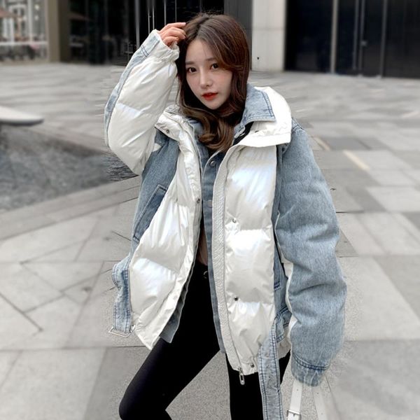 

women's down & parkas denim patchwork winter jacket female loose 90% white duck coat for females short outwear warm thick puffer, Black
