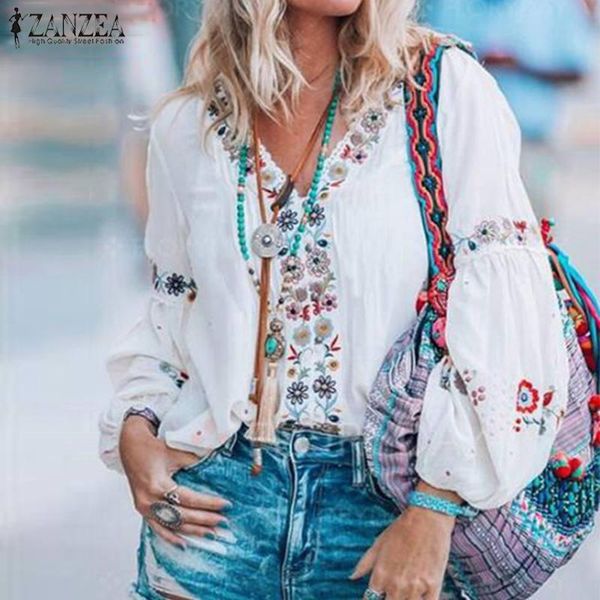 

women's blouses & shirts zanzea fashion summer tunic v neck long sleeve blouse bohemian floral printed blusas casual vintage party shi, White