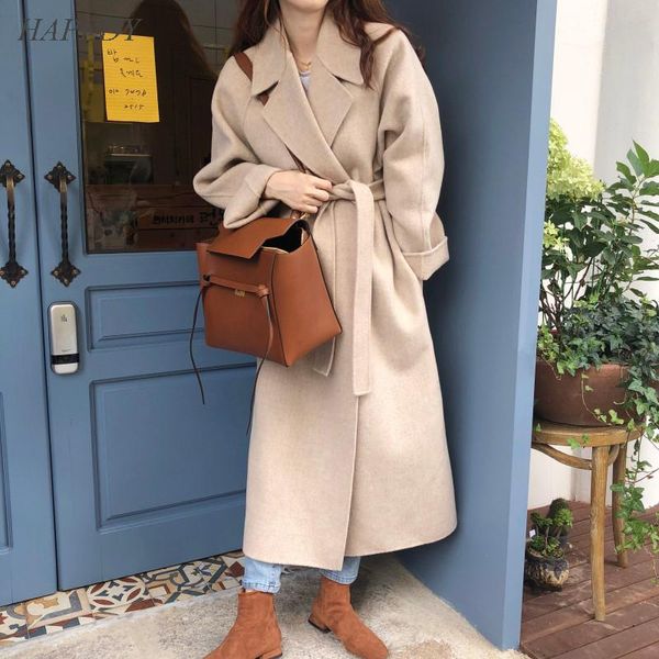 

2021 autumn winter women's wool overcoat elegant oversize long woolen coat with belt cashmere pocket plus size outerwear, Black