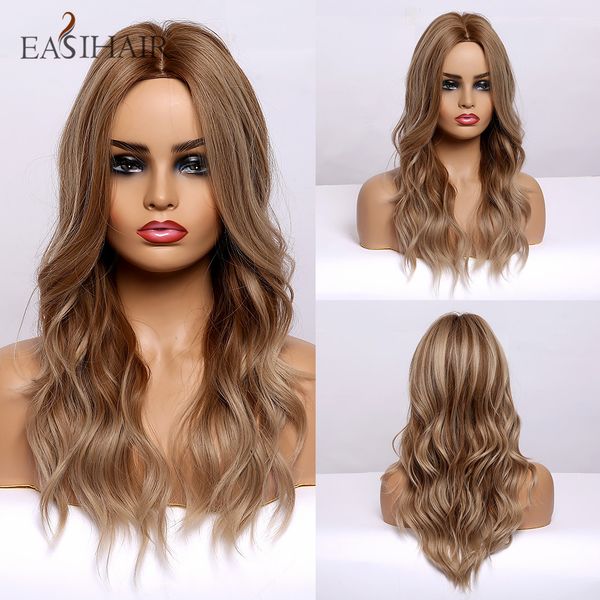 

brown ombre wavy synthetic wigs for women wigs brown highlight cosplay wigs heat resistant medium length wig, Black