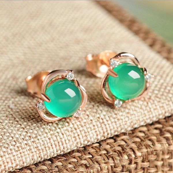 

stud earrings women through chalcedony egg face flower earring the sub authentic thailand green decorations, Golden;silver