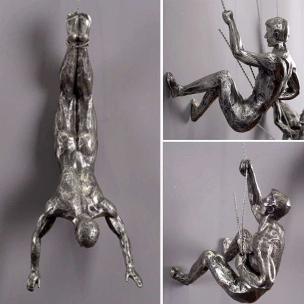 Stile industriale Climbing Man Resina Filo di ferro Wall Hanging Decorazione Scultura Figure Creative Retro Present Statue Decor T200619