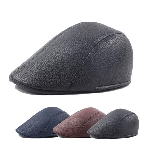 

berets winter pu hat men plus velvet thick leather forward british style simple beret, Blue;gray
