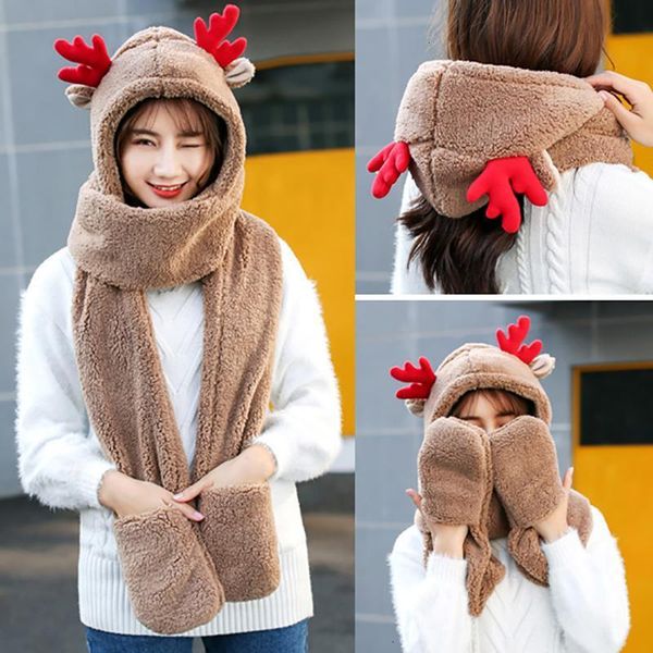 

creative hats gifts for girls cute sweet style women antlers thick hat ear protectors warm plush hat scarf gloves set windproof, Blue;gray