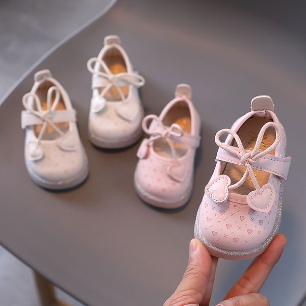 

2021 Autumn Baby Girls Leather Shoes Children Love Bow-knot Birthday Party Princess Shoes Soft Bottom Infant Toddler Shoes, Pink