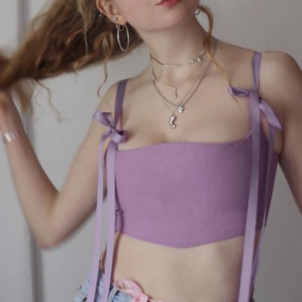 

women's tanks & camis sweet ribbon strap bandage neon camisole summer 2021 backless women chest wrapping corsets sleeveless cute crop t, White