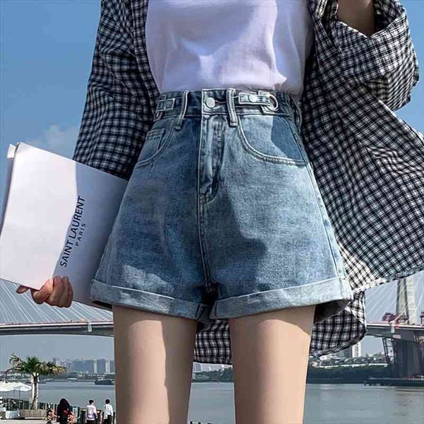 

summer women high waist button wigh leg jeans shorts casual female loose fit blue denim shorts, White;black