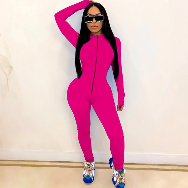 

full body solid color tight jumpsuit zip v neck long sleeve joggers women fall women clothing v017, Gray