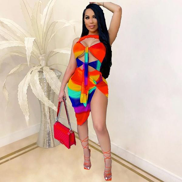 

women's tracksuits rainbow striped print 2 two piece bikini set summer vacation outfits ribbon hollow out skinny bodysuits and side spl, Gray