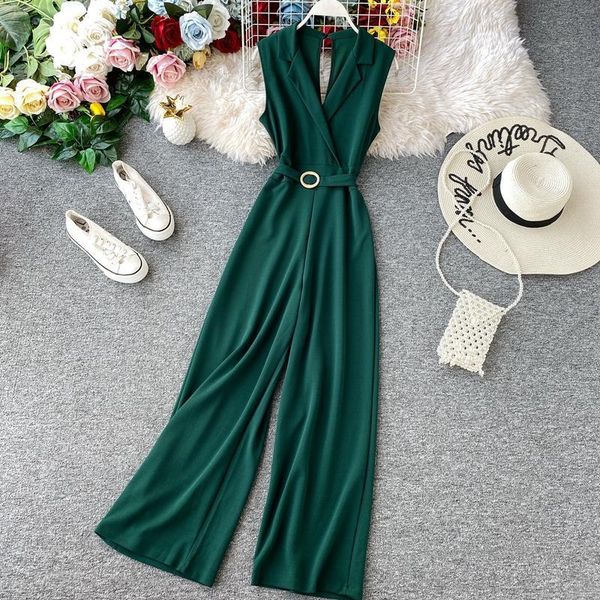 

summer lean fashion office low-necked v-coveralls full-length women with sleeveless elegant sleeves high belt break d0br, White;black