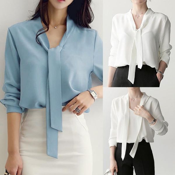 

women fashion casual solid color blouse ladies lacing fashion bottoming shirt chiffon shirt, White