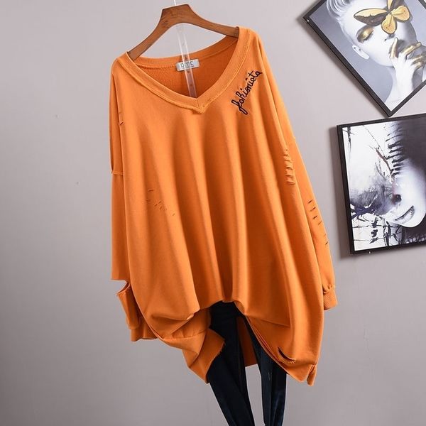 

autumn new korean women personality hole loose v-neck long-sleeved t-shirt mid-length plus size casual 210315, White