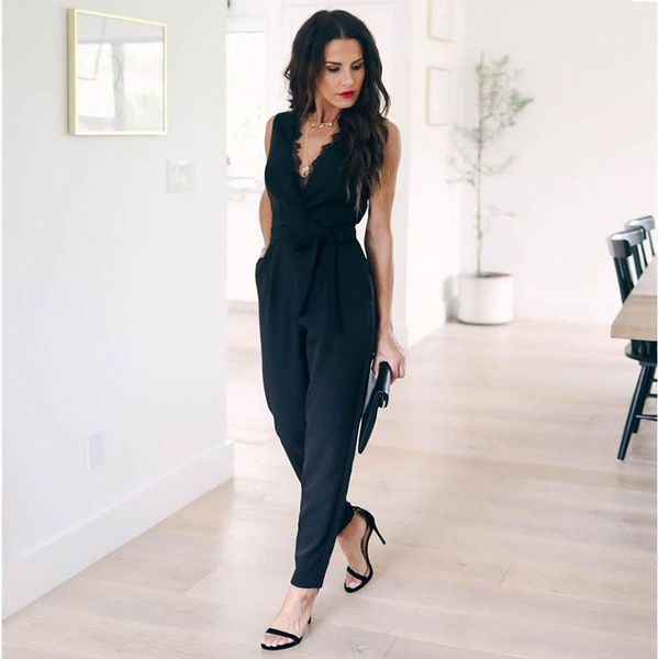 

women's jumpsuits & rompers black v neck women sleeveless fashion playsuit femal casual vestidos elegant pockets lace overall jumpsuit, Black;white