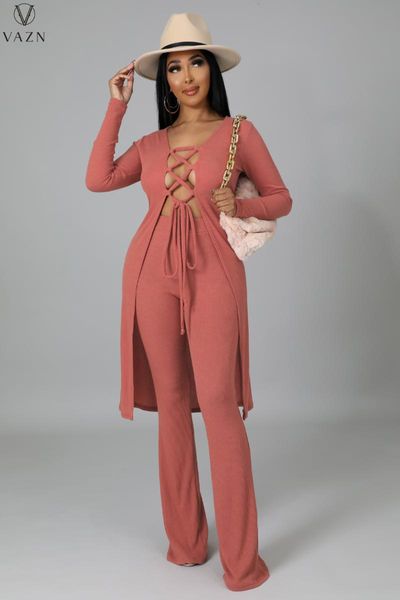 

women's two piece pants vazn 2022 luxury designer women suit street girl style long sleeve elastic pure color 2 sets, White