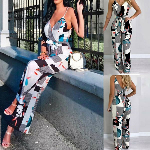 

fashion women sleeveless floral print v neck high waist lace up backless holiday sports casual elegant jumpsuits rompers, Black