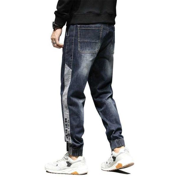 

men's jeans relaxed tapered men fashion loose elastic waist drawstring side patched letters design dark blue casual pants plus size 42