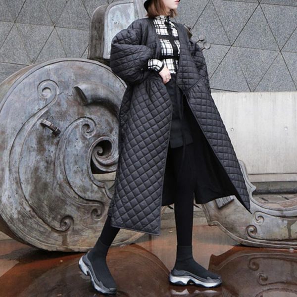 

womens vintage checks cotton padded parkas quilted v neck lantern sleeves dresses coat outwear long oversize black