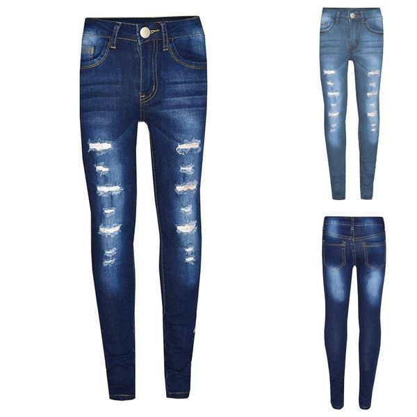

jeans kids 3-13 years old children's fashion tight hole pocket button zipper long vetement enfant fille, Blue