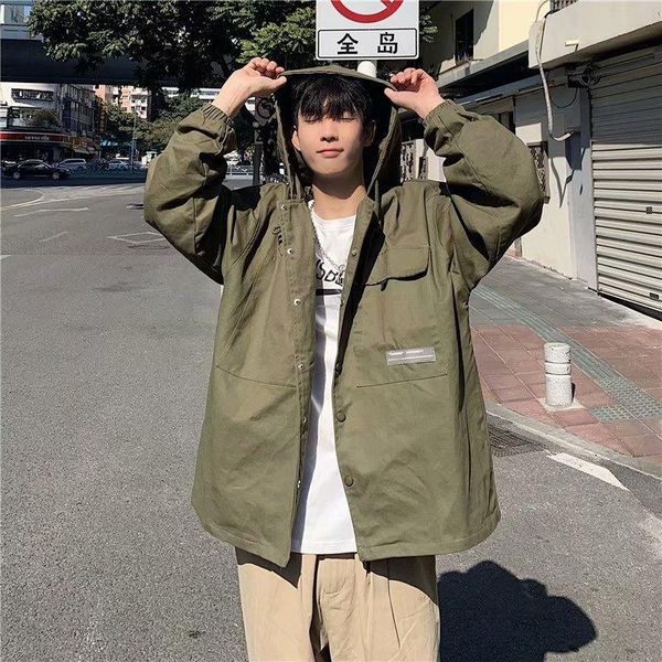 

men's jackets tide brand loose hooded workwear jacket spring and autumn ins trend plus fat size clothes coat men, Black;brown
