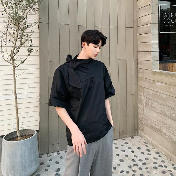

men's casual shirts large size summer abstinence department personalized bow design niche pleated loose short sleeve shirt trendy pullo, White;black