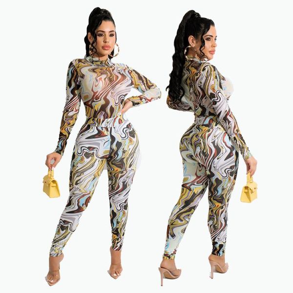 

women's two piece pants zaggin women 2021 fashion street casual style sets long sleeve round neck elastic printed, White