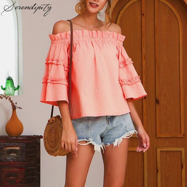 

women's blouses & shirts pink off shoulder pathwork casual women flare sleeve slash neck linen ruffle loose pullover holiday blouse, White