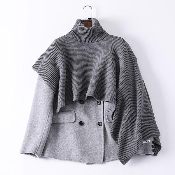 

women's wool & blends 2021 coat women autumn korean woolen jackets two-piece set cloak woman clothes short coats manteau femme hiver wp, Black