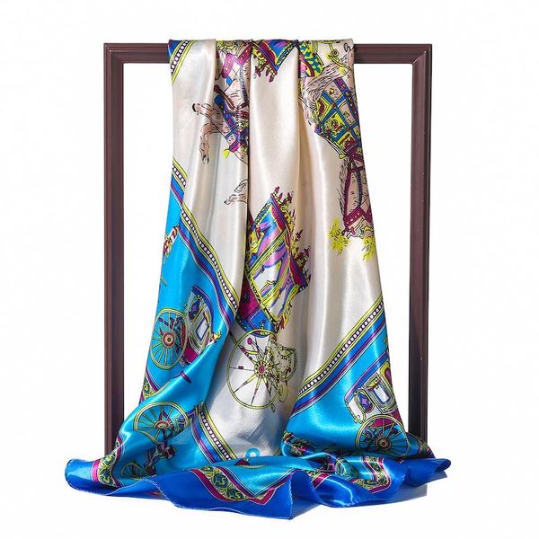 

scarves female silk scarf print square women neck shawls beach wraps foulard hijab bandana satin kerchief, Blue;gray