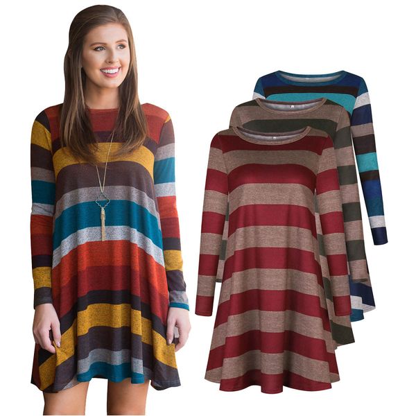 

women's clothing casual dresses 2021 new spring summer s-2xl t-shirt crew neck wide color stripe long sleeve dress, Black;gray