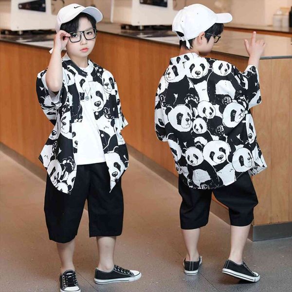 

trend kids boys suits cotton shirt shorts bottoms 2pcs sets summer panda pattern short sleeve coats dress cartoon white t