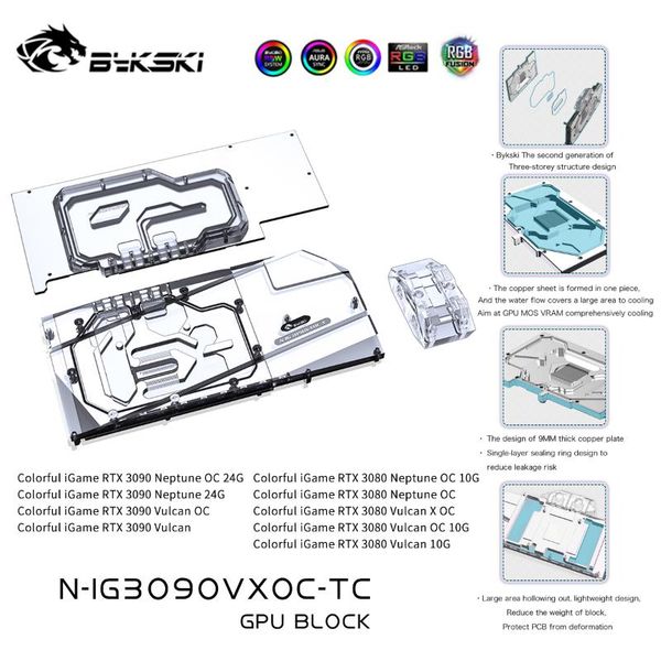

fans & coolings bykski gpu block with active waterway backplane cooler for colorful igame rtx 3090 3080 neptune / vulcan n-ig3090vxoc-tc