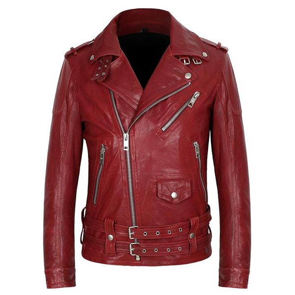 

men's leather & faux spring red oblique zipper slim genuine sheepskin jacket vegetable tanned motorcycle biker jackets coat, Black