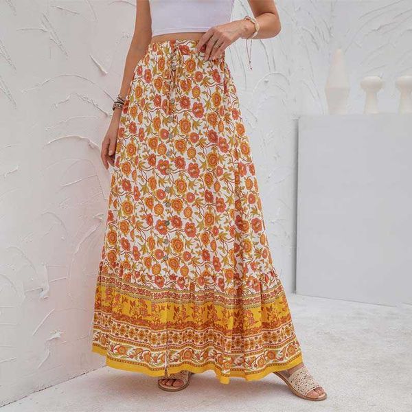 

bohemian printed skirt for women summer high waist button bandage split female vintage casual holiday maxi skirt 210608, Black