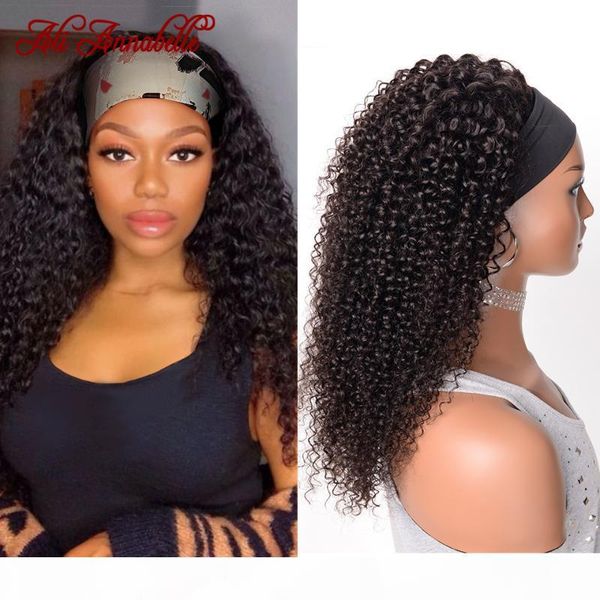 

ali annabelle headband wig glue-less curly human hair wigs for women fast install affordable brazilian hair headband scarf wig, Black;brown