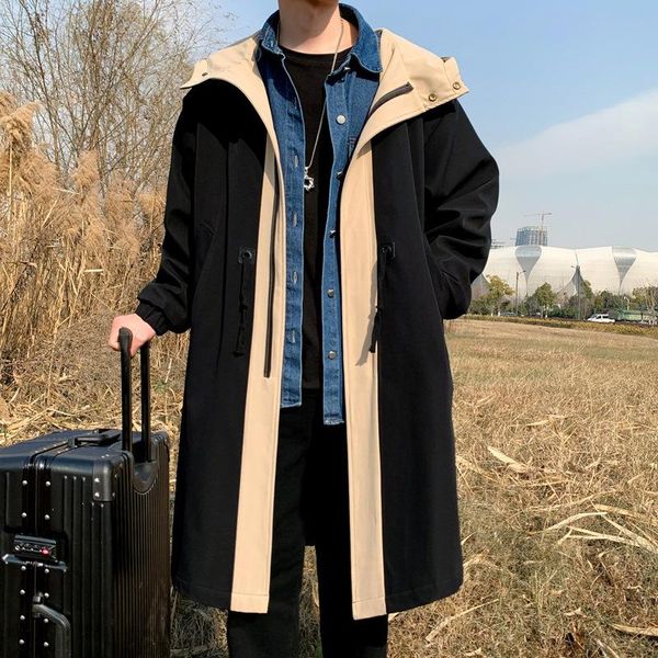 

men's trench coats parklees 2021 british style long coat men windproof colorblock zipper hoodie streetwear casual daily plus size jacke, Tan;black