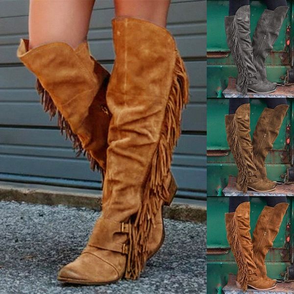 

snow boots women lace women's fashion rome fringe over the knee long boots square heels shoes winterschuhe damen#111832 r8qq#, Black