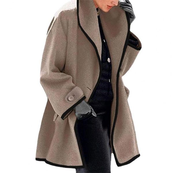 

women's wool & blends casual women trench coat cardigan turn-down collar woolen contrast color single button jacket overcoat for daily, Black