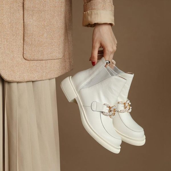 

boots 2021 fall shoes women white leather chunky heel for round toe mteal buckle ankle modern, Black