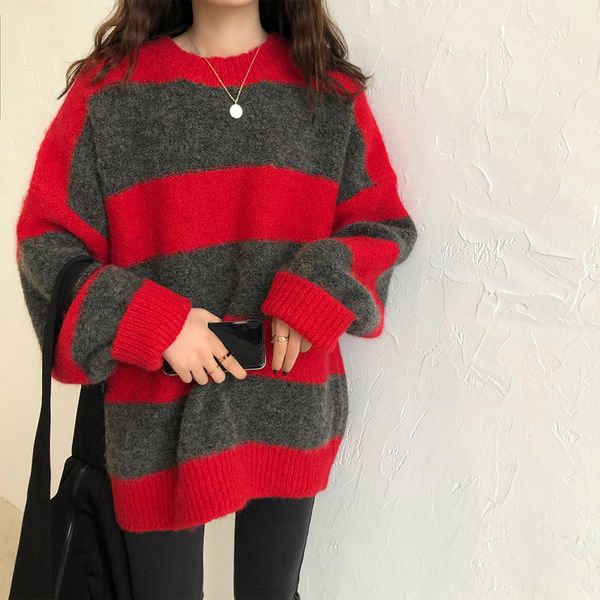

cyjr women oversized vintage striped fine sweater loose autumn streetwear jumper femme 2021 sueter mujer aows, White;black