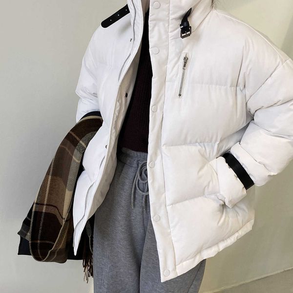 

stand collar thickened short down cotton bread coat women winter long sleeve solid casual oversize puffer jacket 210607, Black